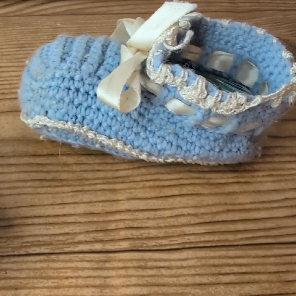 Vintage Crochet Handmade Blue Baby Booties with Ribbon